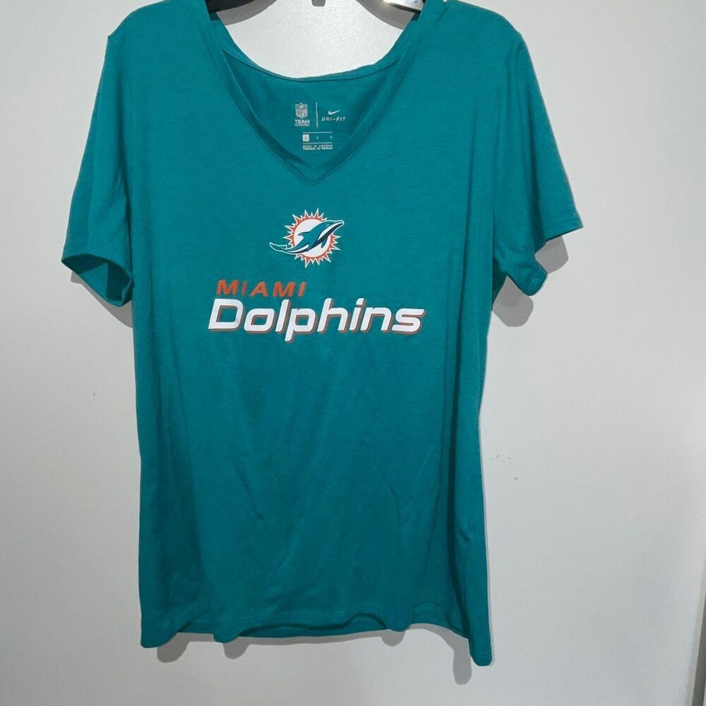 Nike Women's Aqua Miami Dolphins Team Logo Performance V-Neck T-Shirt Size Large